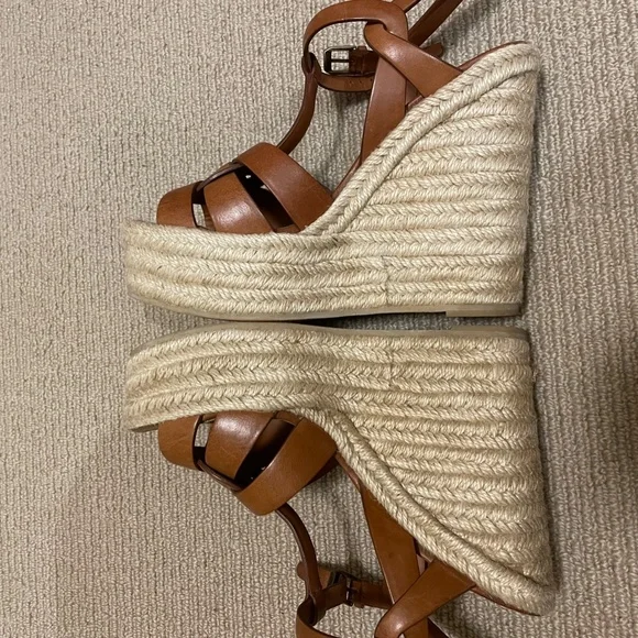 Yves Saint Laurent Tribute Brown Leather Espadrille Wedge Sandals - Picture 10 of 10